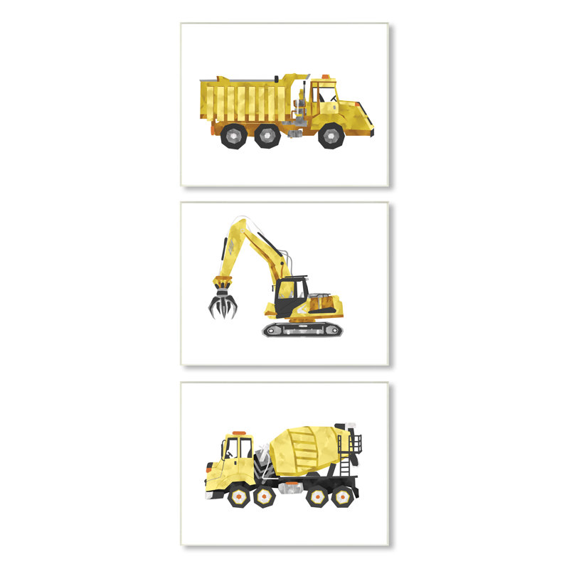 Construction camion véhicules ludique jaune noir par Ziwei Li - ensemble de 3 impressions, Plaque murale, H 15 po x l 10 po