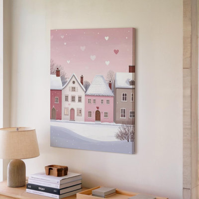 Hiver, village romanesque, maisons pastel minimalistes et cœurs flottants, art mural sur toile, prêt à accrocher