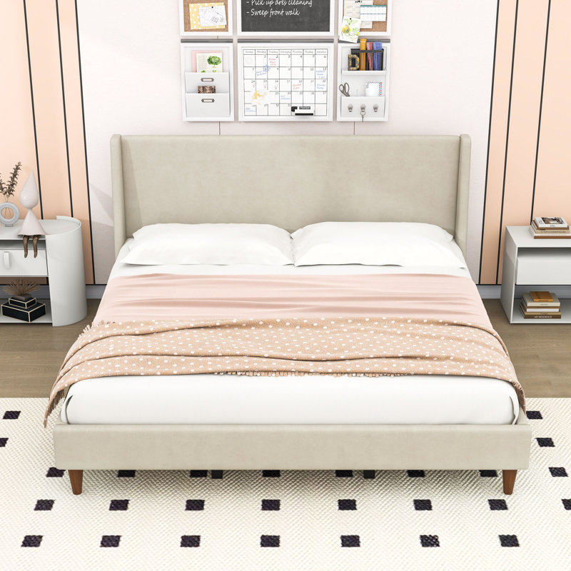 Lit plateforme en velours avec tête de lit et lattes Elegant, Très grand lit, Beige