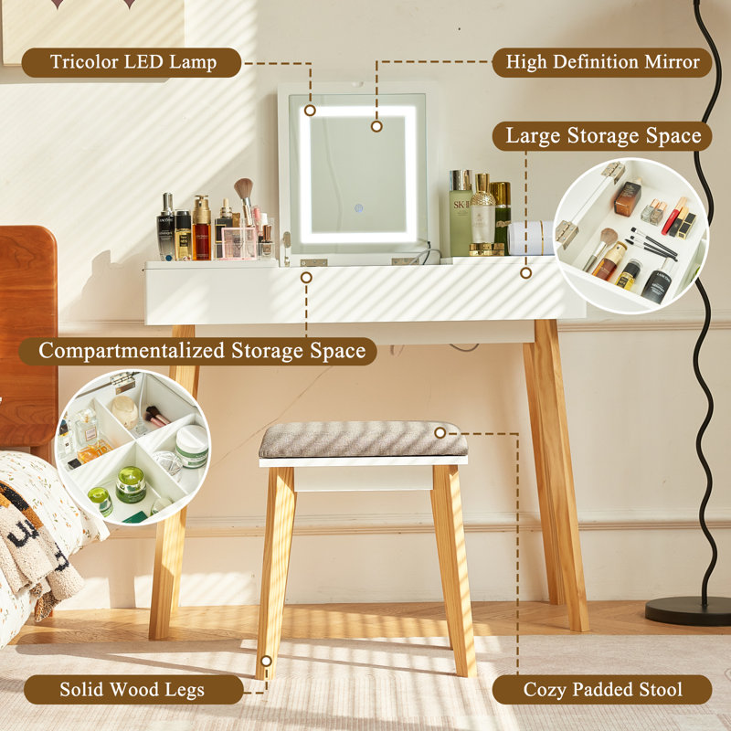 Juanis Makeup Vanity Desk With Mirror and Tri-Temperature Light Small Vanity Table for Bedroom, White/Natural