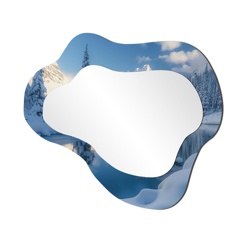 Neige sérénité à la forêt d'hiver montagne lac - paysage d'hiver miroir asymétrique, miroir mural décoratif nuage bleu, impression d'art en métal