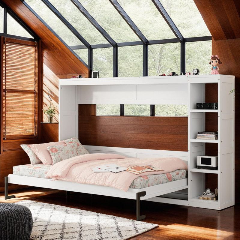 Lit escamotable moderne et complet sans sommier, fabrication robuste en bois aggloméré et en panneau de fibres à densité moyenne