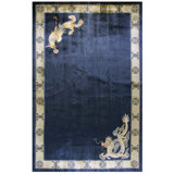 Vintage Large Room Size Luxurious Silk Pile Chinese Open Solid Blue Field Rug
