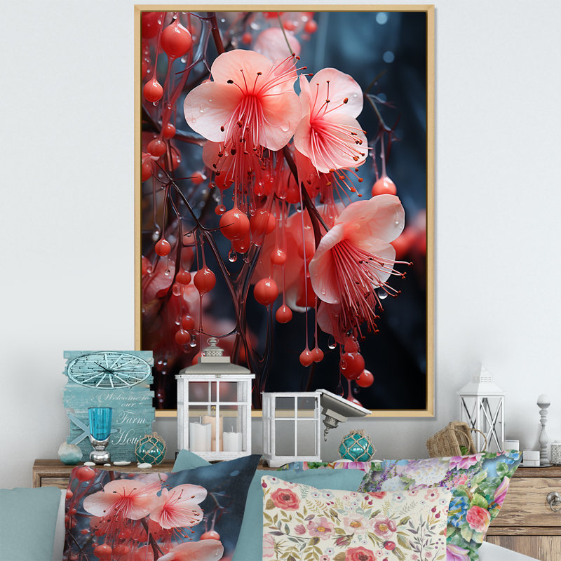Cristal rose fuchsia fleurs I - art mural fuchsia, Cadre flottant brun, 44" H x 34" W