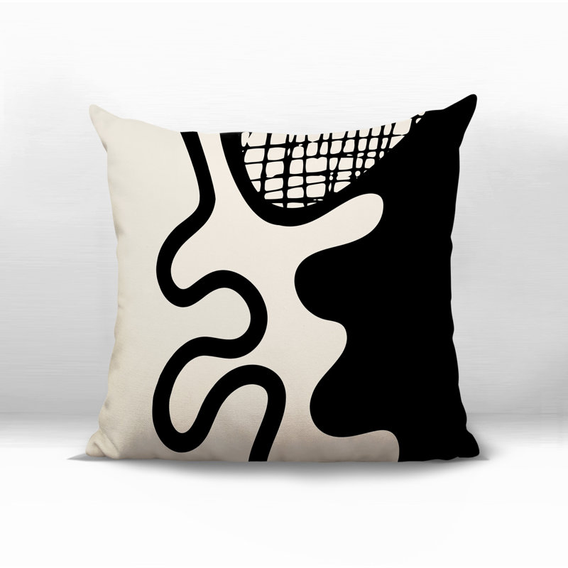 Oreiller carré réversible intérieur / extérieur Vido, H 15 po x l 15 po, Blanc cassé / abstrait noir