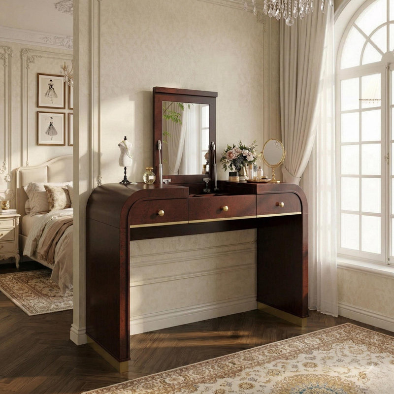 Bureau de coiffeuse 3 en 1 avec miroir rabattable, 2 tiroirs, détails en métal doré et espace de rangement, Espresso