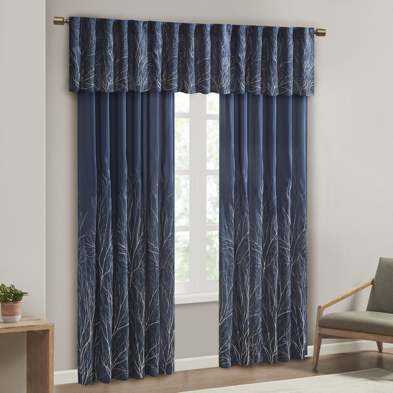 Navy Faux Silk Embroidered Sill Length Window Valance
