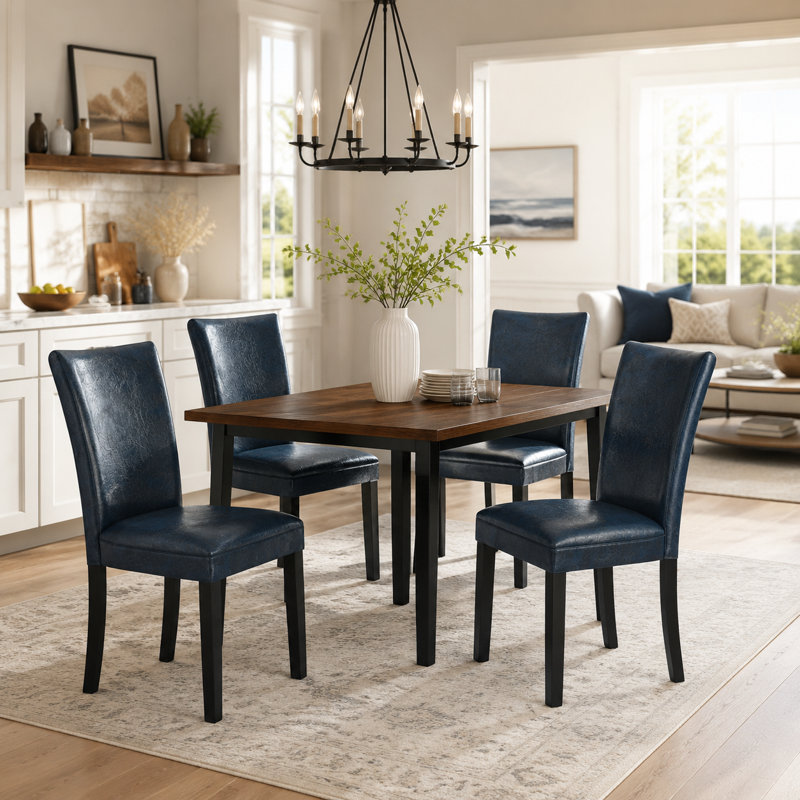 Wexford Collection Set of 4 Mid-Century Modern Parsons Dining Chairs, Upholstered Faux Leather Dining Chairs with Solid Wood Legs, High Back Side Chairs for Dining Room, Kitchen or Breakfast Nook, Navy Blue
