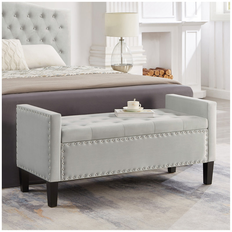 Upholstered Tufted Button Storage Bench with nails trim,Entryway Living Room Soft Padded Seat with Armrest,Bed Bench-, Gray