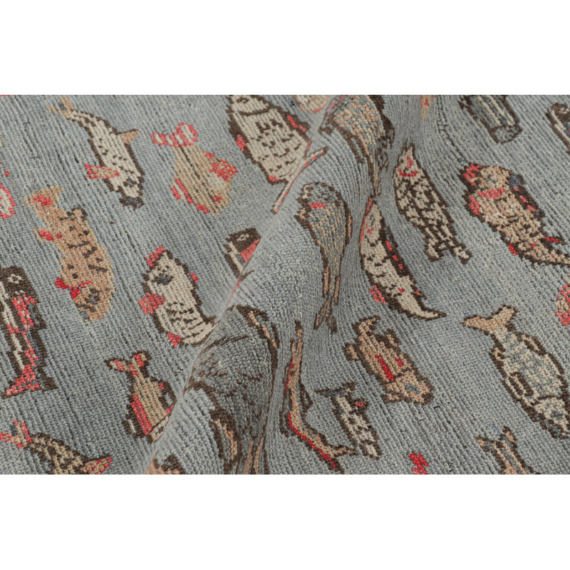 Rug & Kilim’S Mid-Century Style Runner Rug In Blue With Colorful Fish Pictorials, Rectangle 9' x 12'