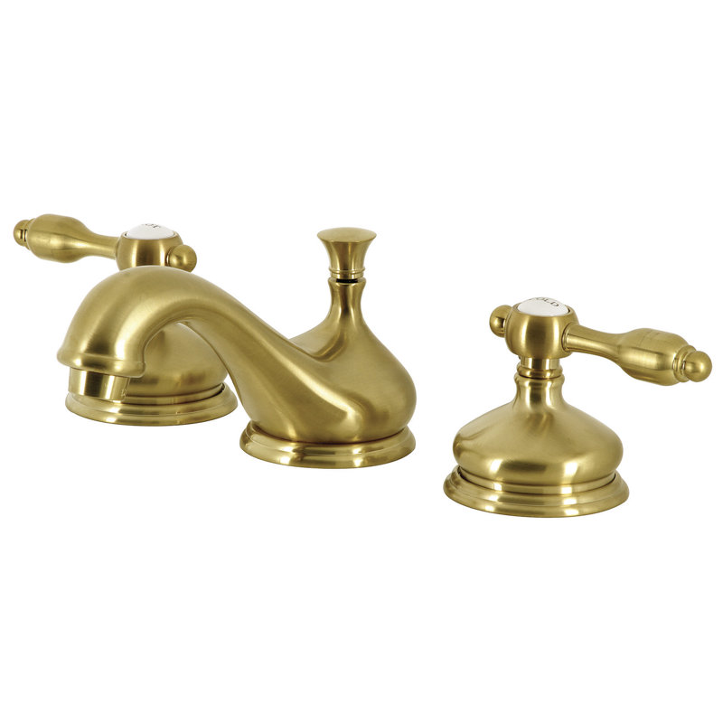 Kingston Brass Tudor Two-Handle 3-Hole Deck Mount Widespread Bathroom Faucet with Brass Pop-Up Drain, Satin Brass