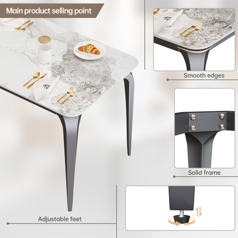 Krystah Rectangular Large Corner of Sintered Stone Ceramics Dining Table with Metal legs, Jade White, 29" H x 55" L x 28" W