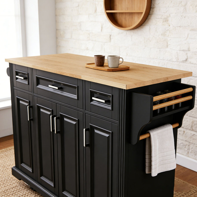 54inch Large Kitchen Island with Rubber Wood Drop Leaf, Embossed Texture Rolling Kitchen Cart on 4 Wheels with 4 Doors and 3 Drawers