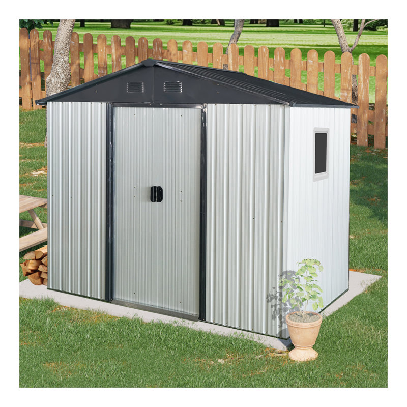 Remise de rangement extérieure en métal 8 pi x 4 pi avec fenêtre et fondation en métal pour la cour, le patio, la pelouse - blanc et noir