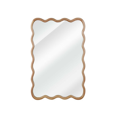 20" x 30" Natural Wood Wavy Rectangle Wall Mirror – Solid Wood Scalloped Frame Mirror for Bedroom & Bathroom Vanity