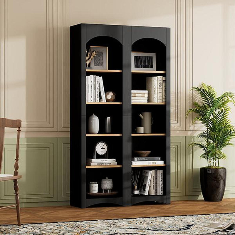 Free Standing 5 Tier Bookshelves, Bookcases Set Of 2, Farmhouse Two-Tone Storage Cabinet With Adjustable Shelves, Modern 72"H Kitchen Pantry Cabinet For Living Room, Home Office, Black