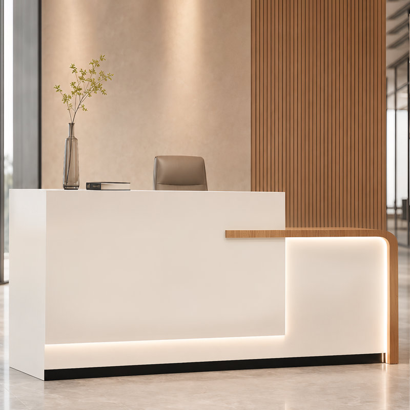 Bureau de réception moderne de 70,9 po avec éclairage DEL, tiroirs de rangement et armoire verrouillable, réception entièrement assemblée pour les espaces de bureau, de salon et commerciaux