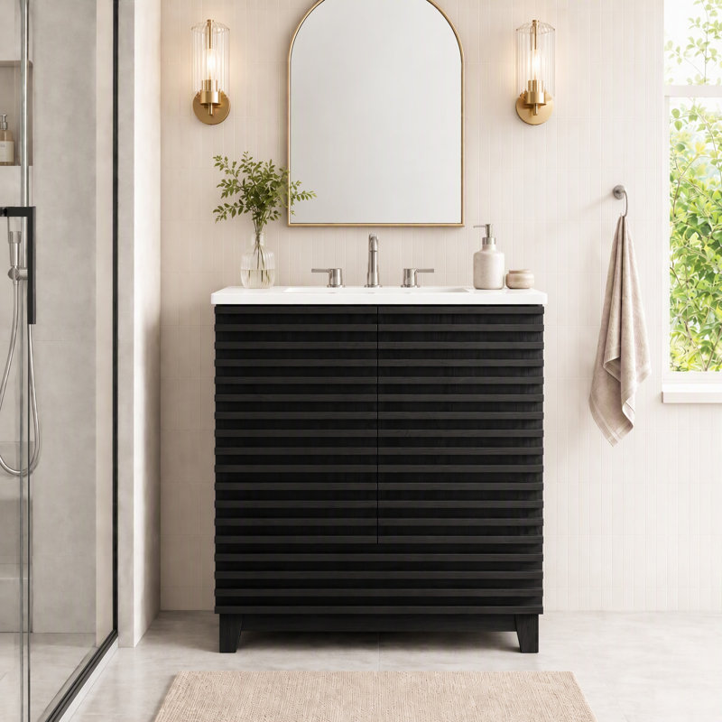 Freestanding Standard Free Standing Single Double Single Vanity Bathroom Vanity With Ceramic Top, Black