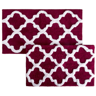 2 Piece Bathroom Rug Set - 41x24.5 Inch and 34x21 Inch 100% Cotton Bath Mats with Textured Trellis Print for Elegant Bathroom Decor - Bath Rugs Non Slip Washable Bathmats by Lavish Home (Burgundy)