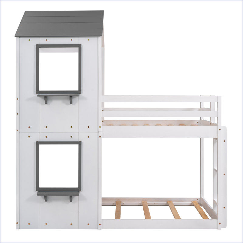 Lit superposé simple au-dessus d'un lit simple en bois avec toit, Blanc