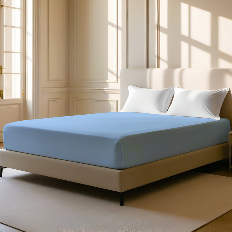 400TC Sateen Solid Cotton Fitted Sheet Fits Upto 8" Deep Pocket, Twin Extra Long Fitted Sheet, Light Blue
