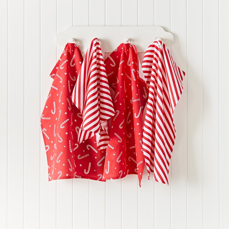 Christmas Candy Cane Cotton Kitchen Tea Towel Pack of 4