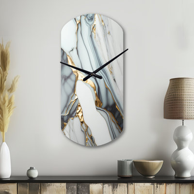 Abstract Geode Gold And White Marble V - Marble Cylinder Metal Clock, Modern Asymmetrical Wall Clock Print