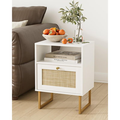 Table de chevet en rotin, table de chevet Boho, table de chevet en bois avec rangement et tablette ouverte