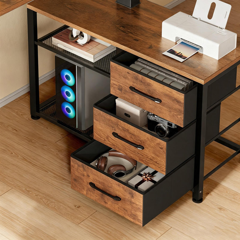 Bureau en L réglable en hauteur de 47,2 po avec prises de courant et 3 tiroirs Aderyn pour bureau à domicile, Brown/Black