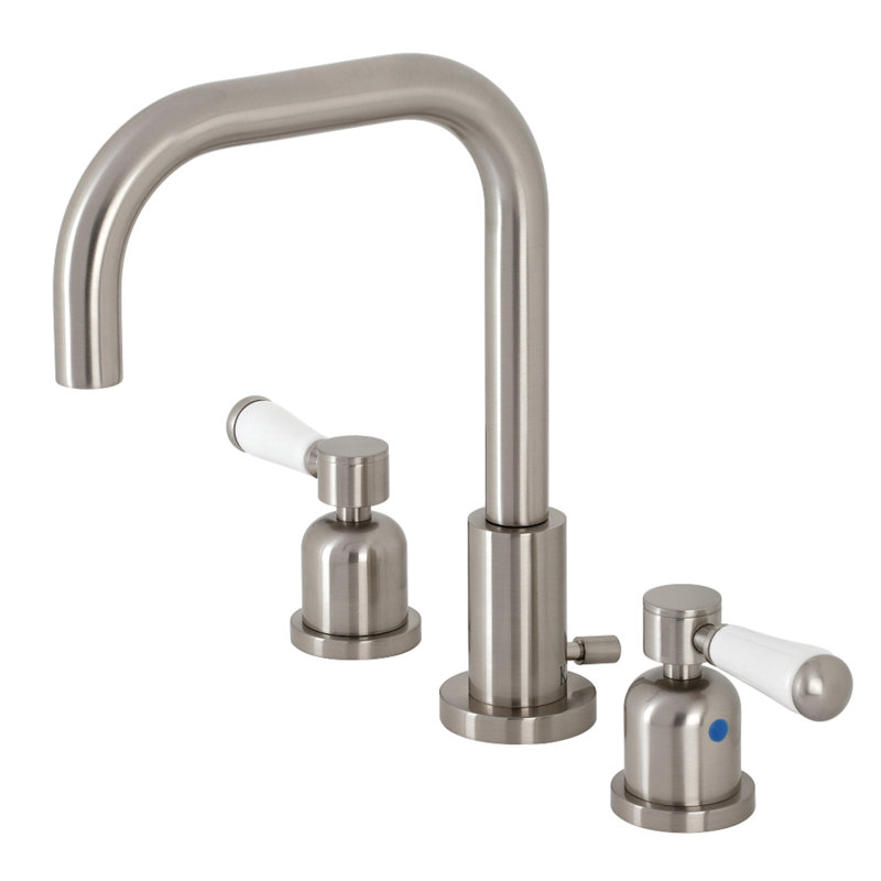 Kingston Brass Two-Handle 3-Hole Deck Mount Widespread Bathroom Faucet with Brass Pop-Up Drain, Round Lever Handle