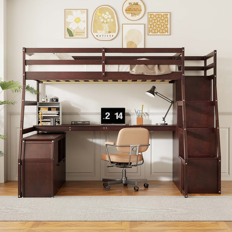 Lit mezzanine double avec 7 tiroirs, 2 tablettes et un bureau, Espresso