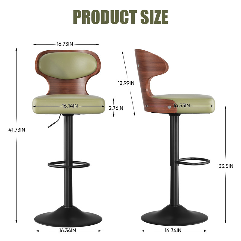 Bar Stools Set of 2 Seat Adjustable Height 62.2-85.1cm Bentwood Swivel Barstools with Back & Footrest - PU Leather Upholstered Bar Chair for Bar, Kitchen, Dining Room