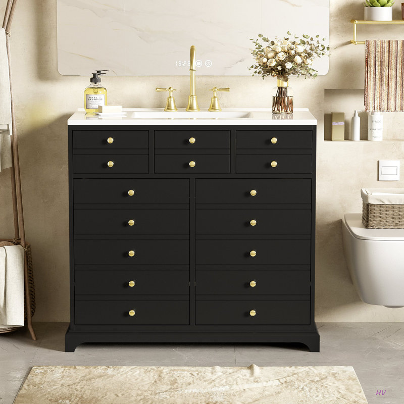 36'' Bathroom Vanity With Ceramic Sink Combo, Solid Wood Frame Bathroom Storage Cabinet, Freestanding Vanity Set With 2 Drawers& Soft Closing Doors