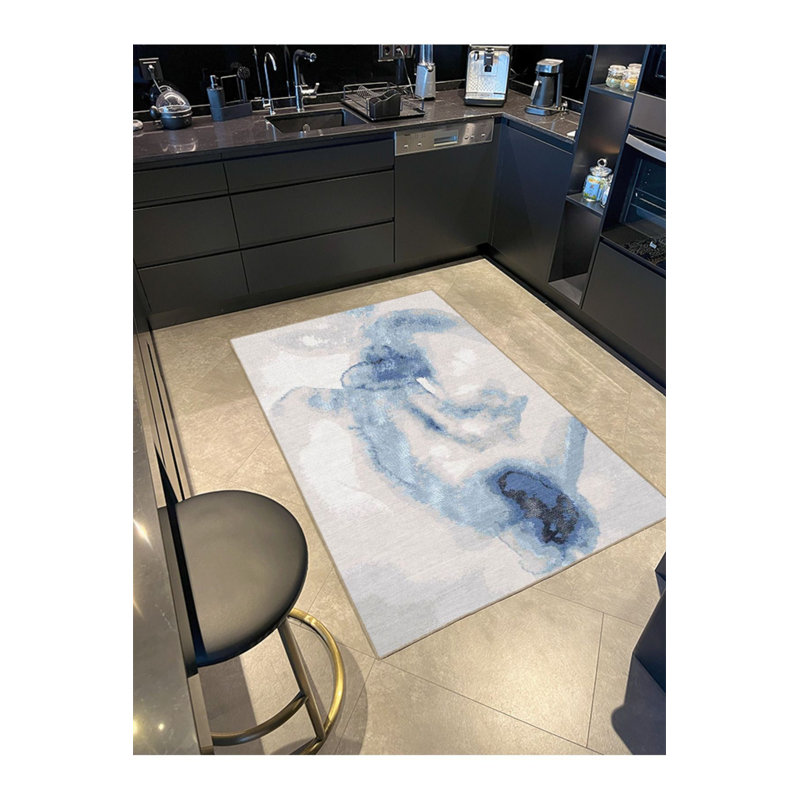 Tapis bleu tissé et crème lavable à la machine, Carré 3 pi 3 po