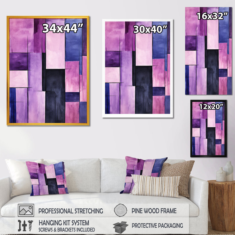 Tachisme mauve cubisme pinceau 2 - art mural Tachisme, Cadre flottant noir, H 32 po x l 16 po x P 1 po