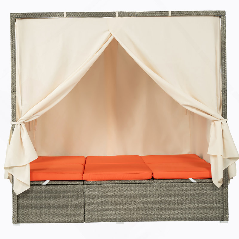 Adjustable Sun Bed With Curtain,High Comfort,With 3 Colors, Orange Cushion/Brown Frame