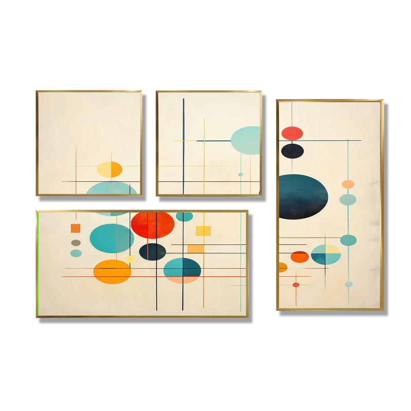 Syncronicities Midcentury Elegant Retro Art - Abstract Midcentury, impressions sur toile 4 pièces, Doré