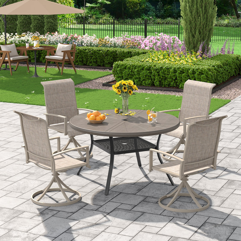 4-Person Outdoor Round Dining Set With Swivel Chairs, Gray Woodlike/Cream