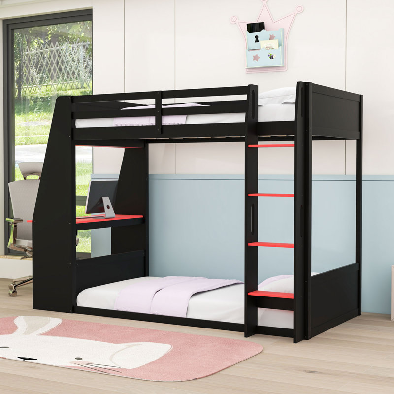 Bunk Bed With Desk, Storage Shelves USB And LED Light, Red, Twin