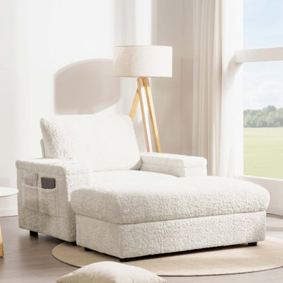Oversized Faux Rabbit Fur Upholstered Single Armchair with Built-in Cup Holders, Attached Storage Ottoman and Armrests, Deep Seat Reading Chaise for Apartment & Living Room