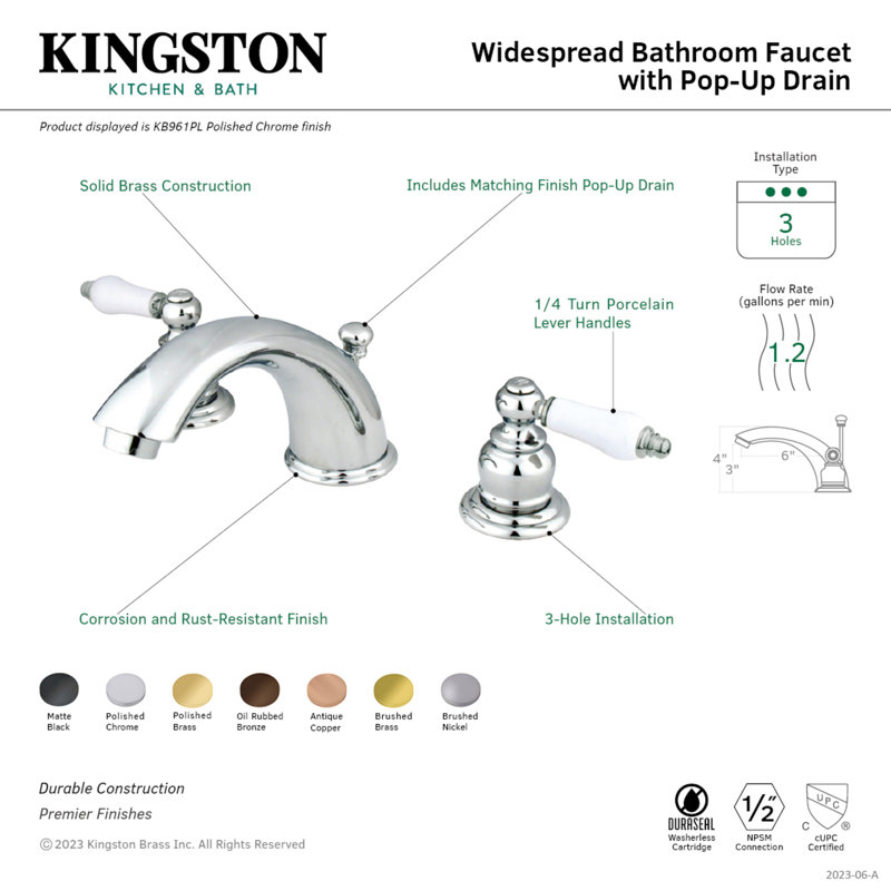 Kingston Brass Magellan Two-Handle 3-Hole Deck Mount Widespread Bathroom Faucet with Retail Pop-Up Drain, Polished Chrome