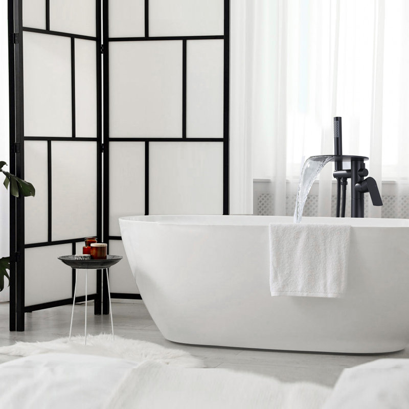 Waterfall Single-Handle Freestanding Tub Faucet, Floor Mount Bathtub Filler With Hand Shower, Matte Black