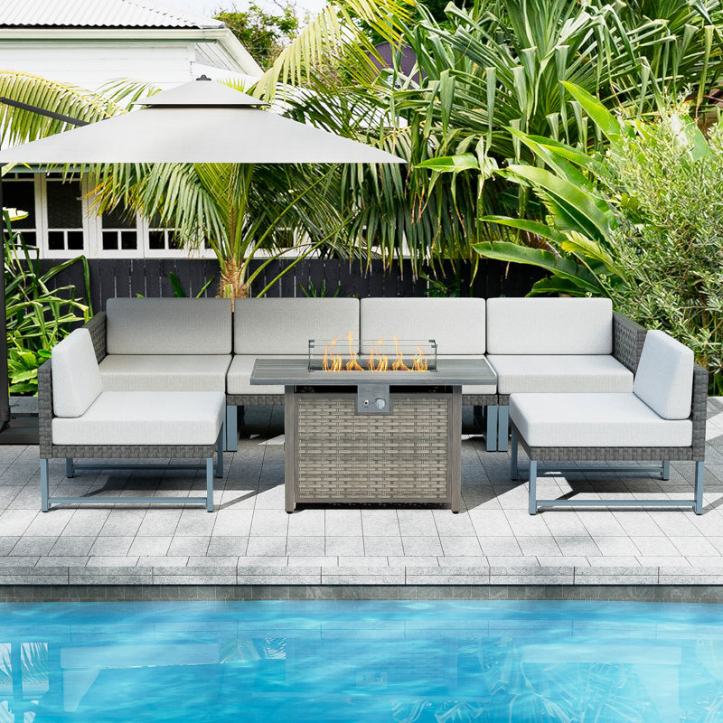 Kamyla Wicker 6 - Person Modular Patio Conversation Sets with Cushions, Black