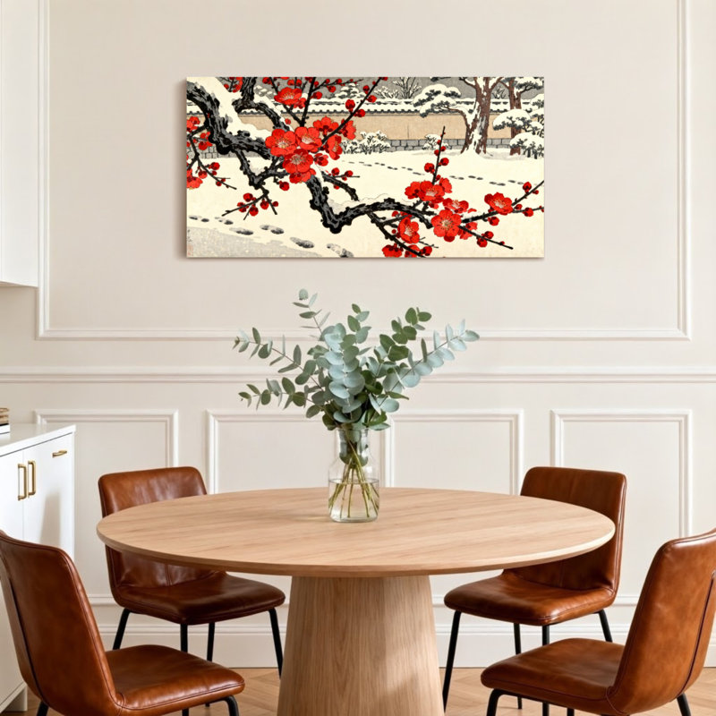 Paysage et nature jardin enneigé avec des fleurs de prunier rouge, H 20 po x l 40 po