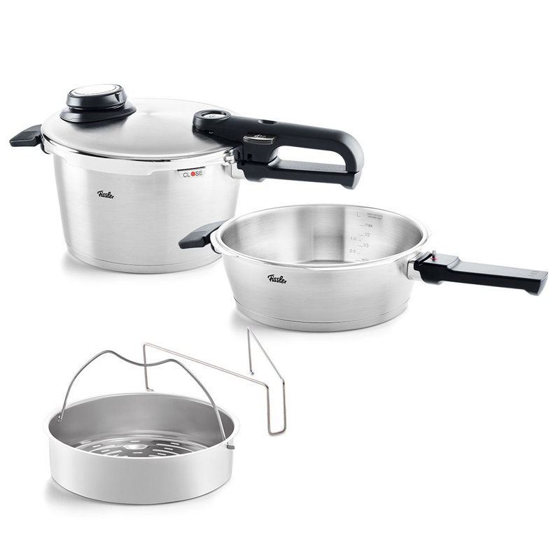 Fissler Vitavit Premium Pressure Cooker and Skillet 2 Piece Set, 6.3 Quart and 2.6 Quart with Steamer Insert and Tripod