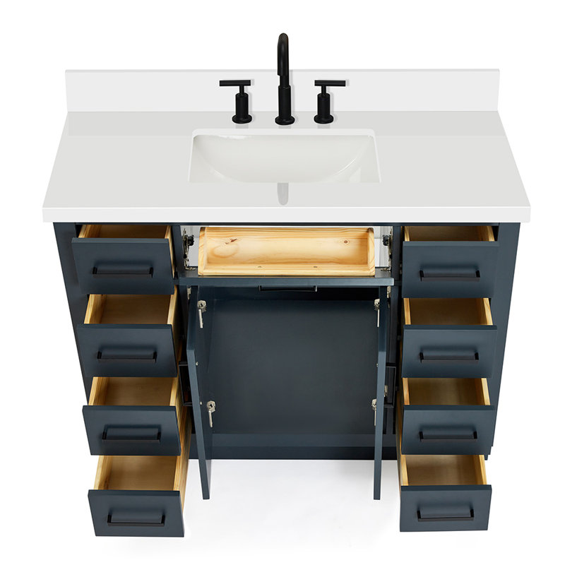 Tidworth 42' Solid Wood Single Bathroom Vanity with 1.5' White Quartz Top, Bleu minuit / noir mat, Forme rectangulaire