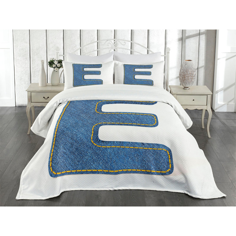 Ambesonne Letter E Bedspread Set Denim Blue Jeans E Blue Yellow, King Bedspread + 2 Standard Shams