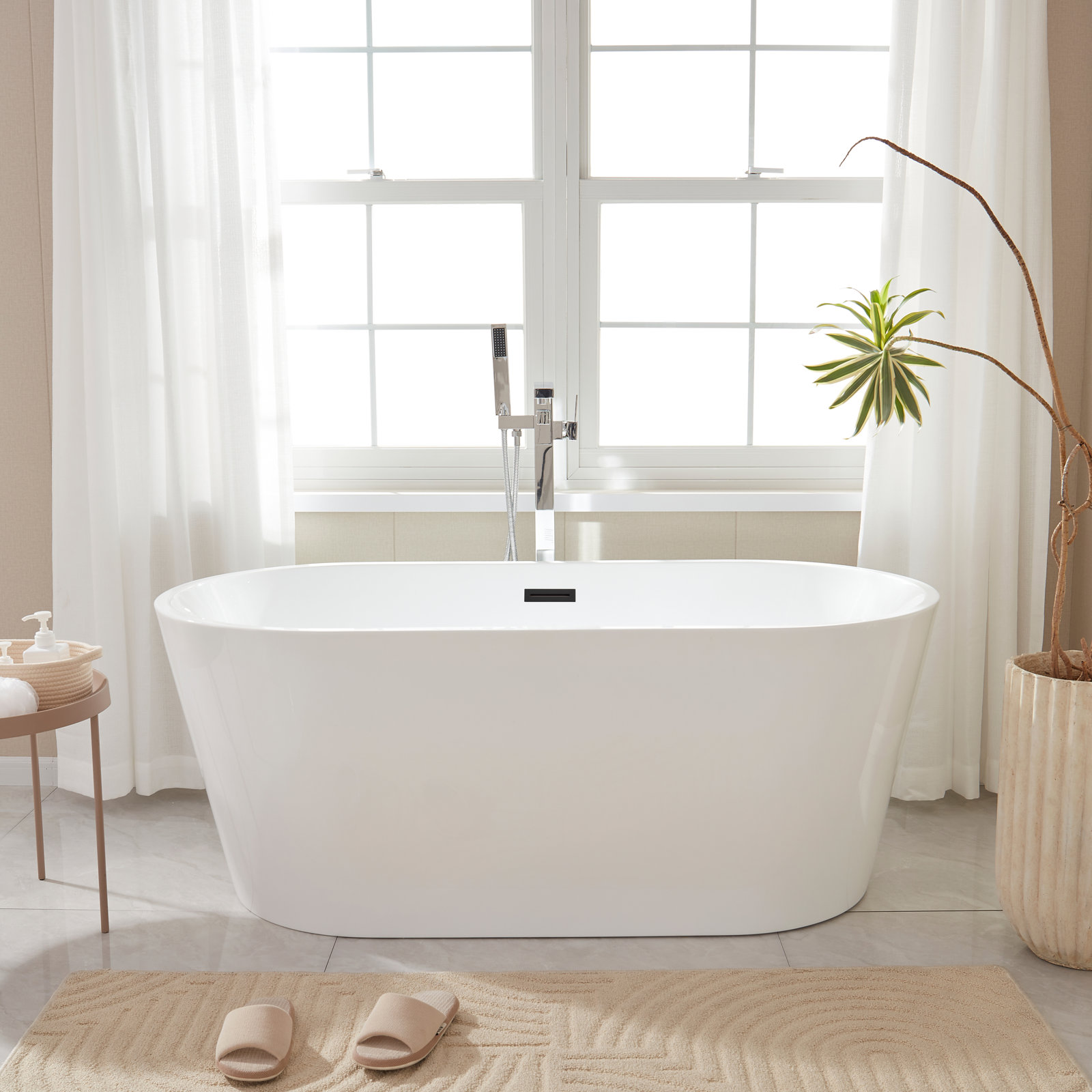 Iris 59" Freestanding Soaking Acrylic Bathtub, White/Matte Black