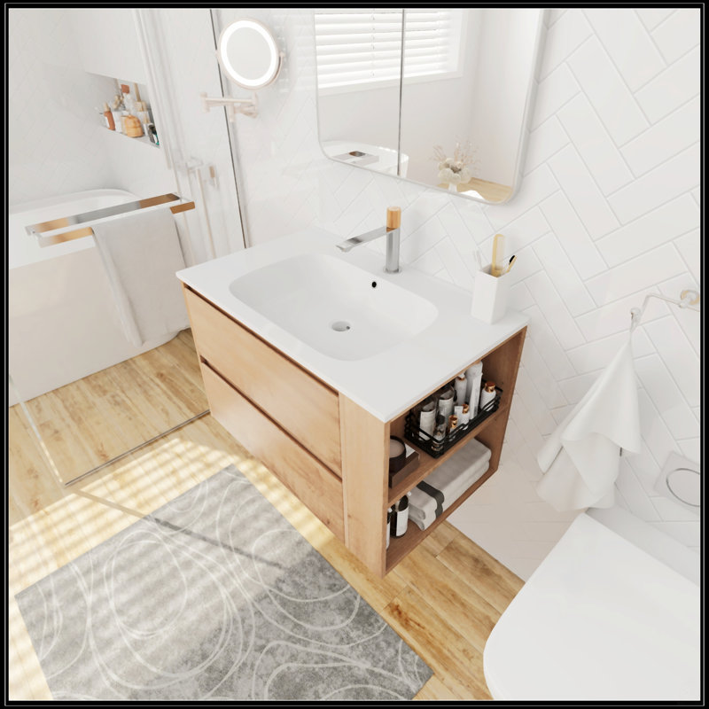 Meuble-lavabo mural 30 po avec lavabo en gel, Imitation chêne