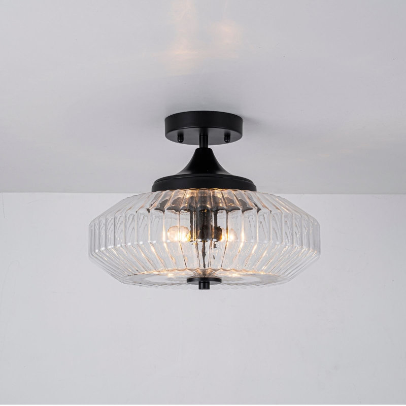 Luminaire suspendu en verre cannelé 2 lumières et semi-encastré, Noir mat